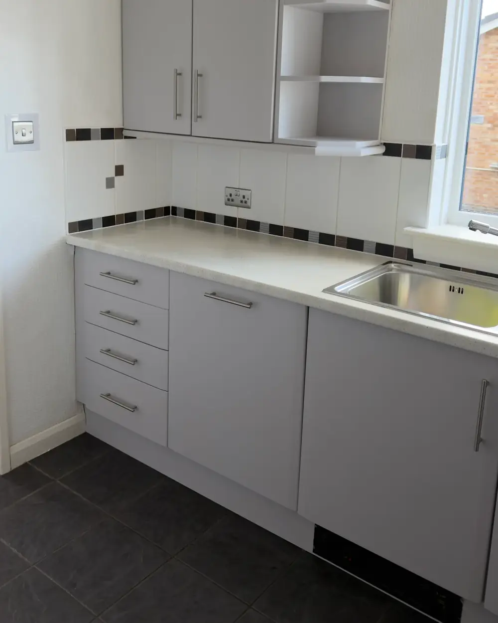 After: Kitchen respray colour matched to Perfectly Taupe by Dulux